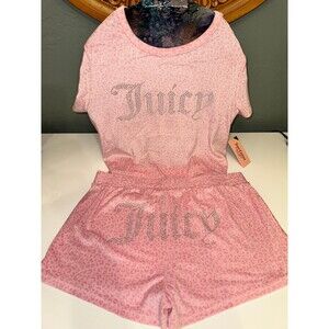 Juicy Couture 2Pc Velour Pajama Pink Cheetah Shorts TShirt Set LG